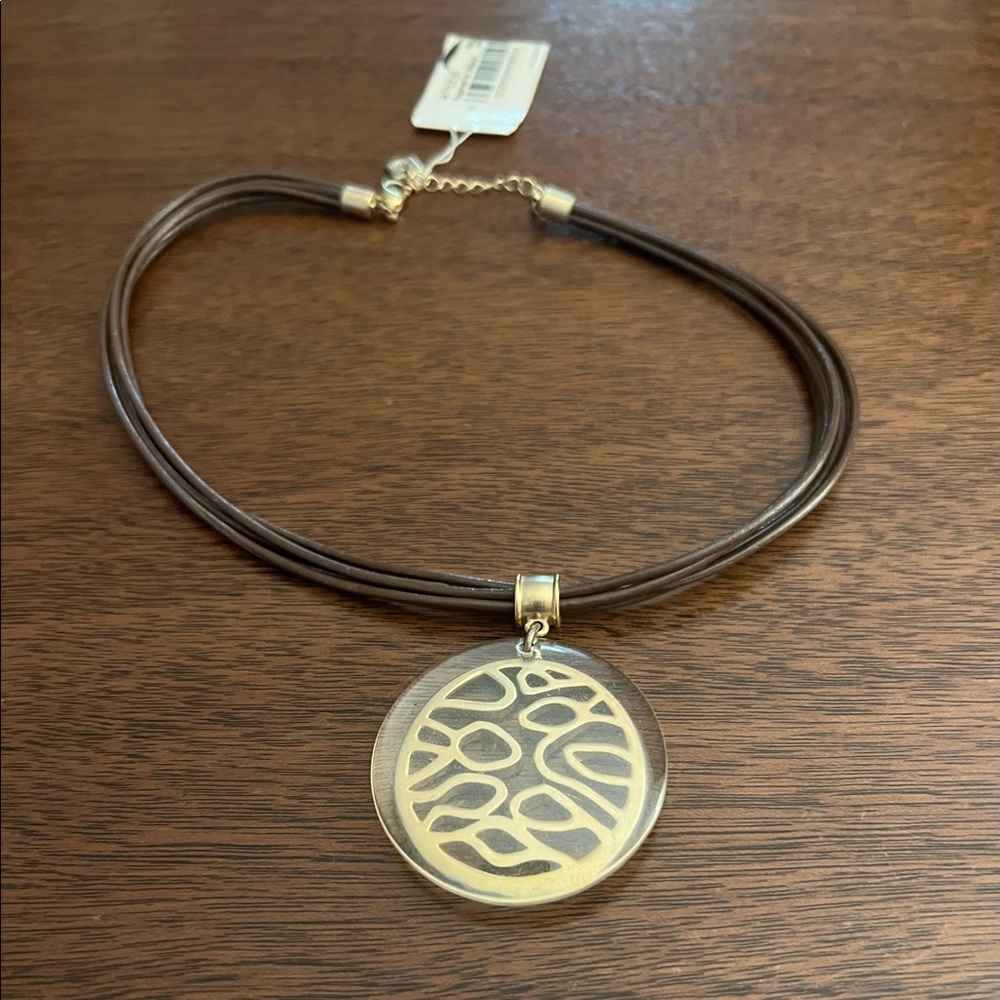 Nine West necklace, five brown leather straps, gold and acrylic pendant 16 inch
